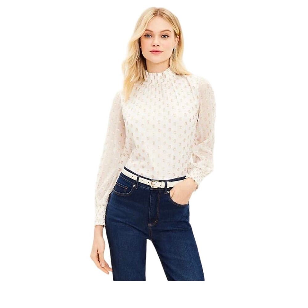 NWT Loft White and Gold Metallic Petite Ruffle Smocked Lined Sheer Blouse-Medium